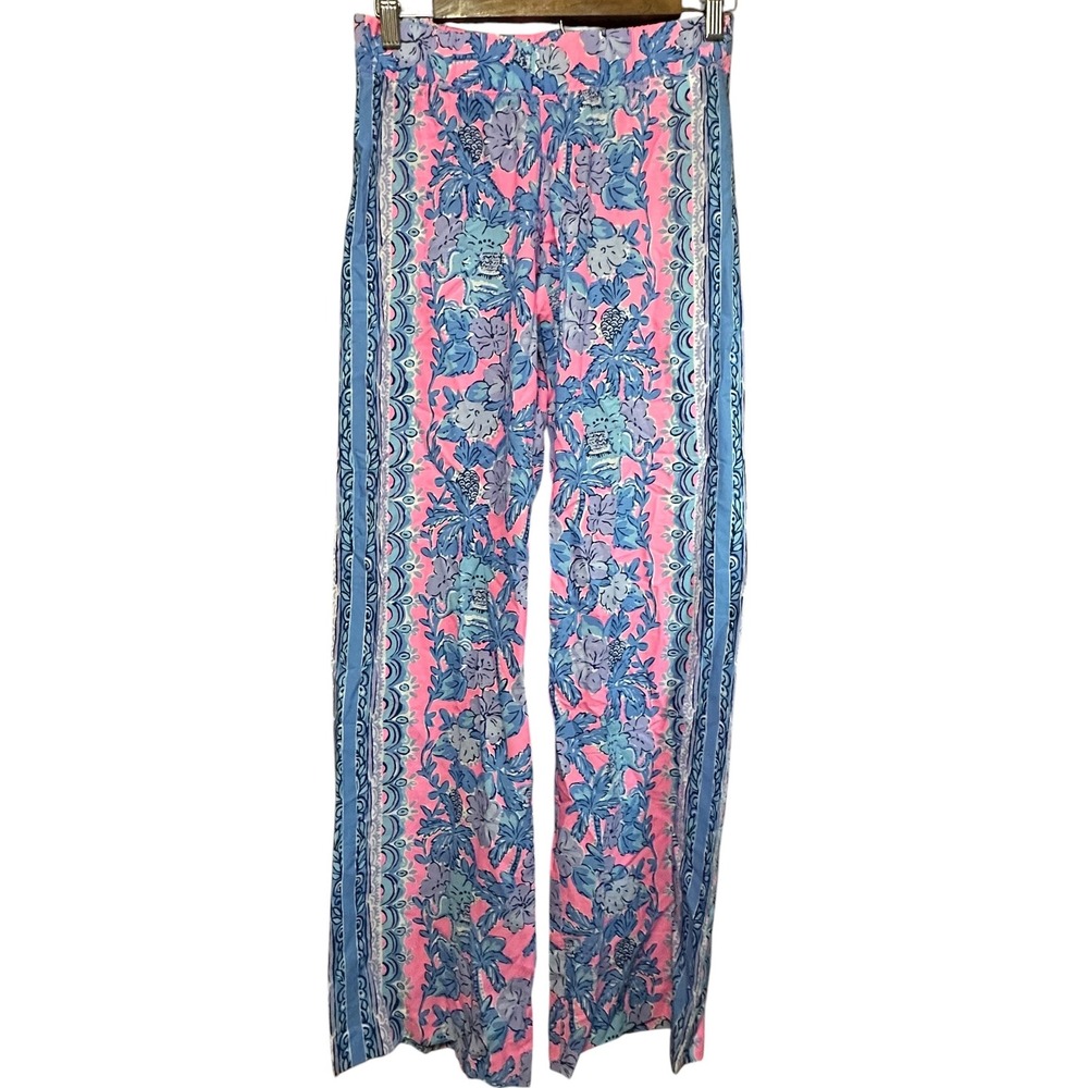 Lilly Pulitzer‎ XXS Palazzo Pants Wide Leg Tropical Floral Print Pink Blue